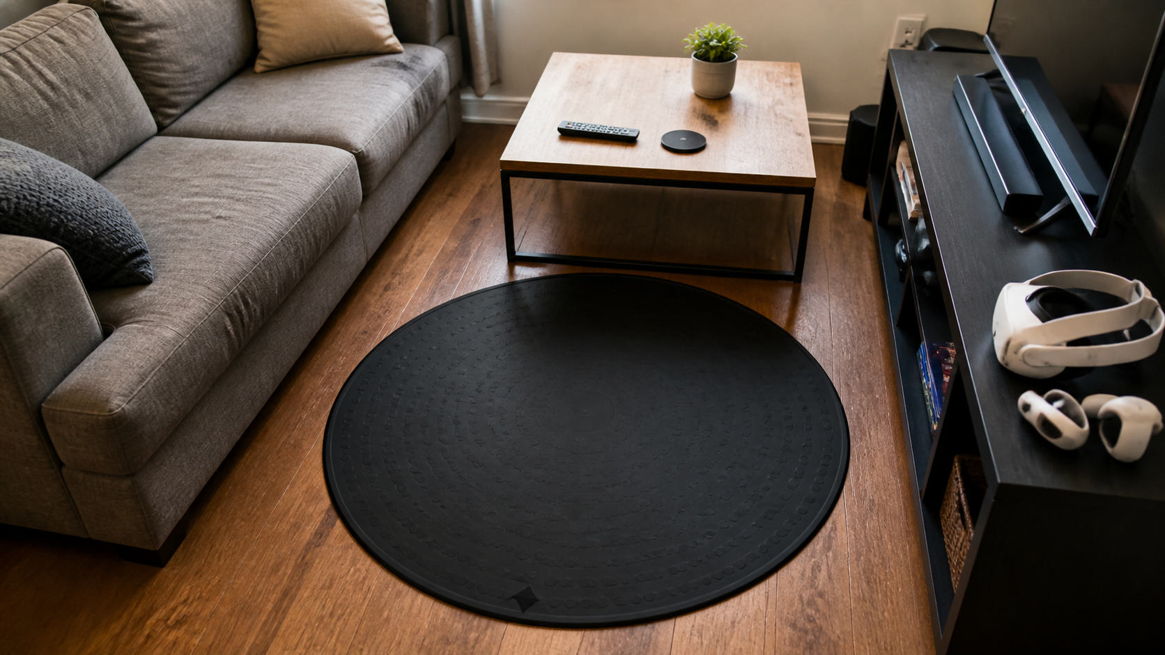 A circular VR mat placed in a living room with a couch and coffee table very close by