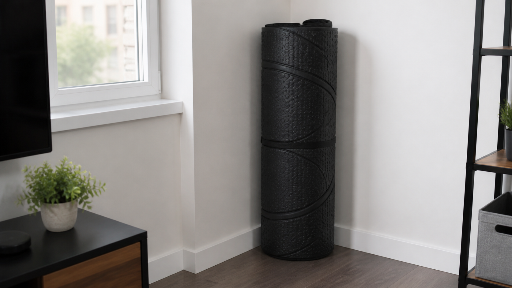 A black circular VR mat is rolled up and stands in the corner of a room next to a wall