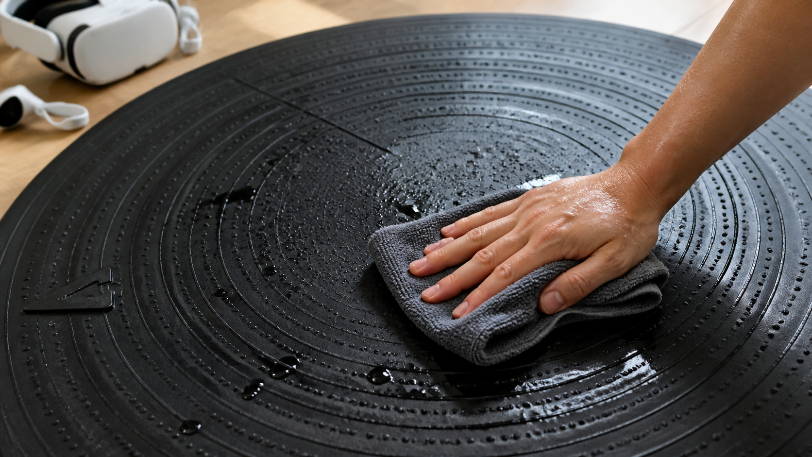 A hand wiping down a sweat-covered VR mat with a microfiber cloth after a VR fitness session