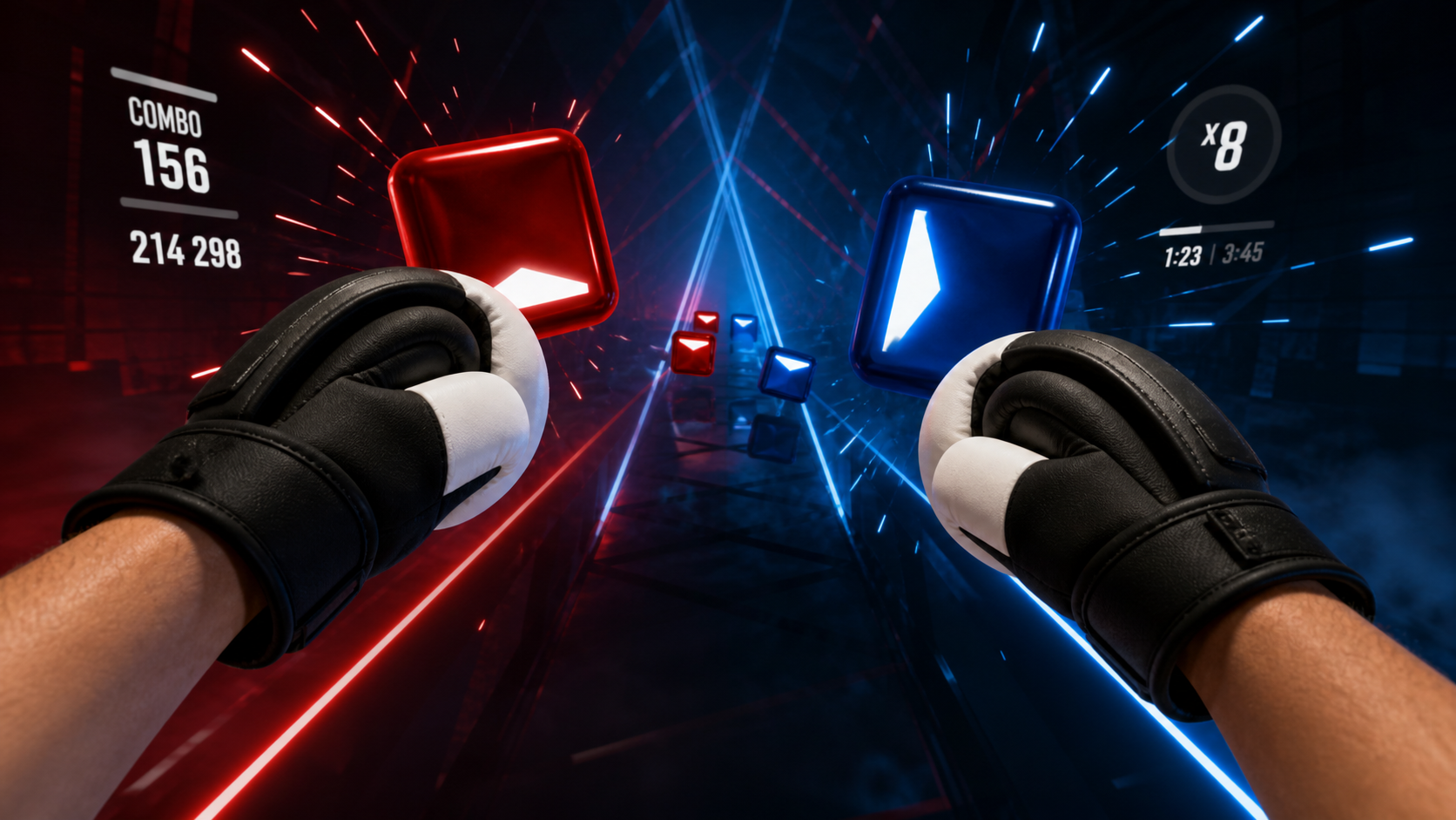 A first-person view of a player wearing VR boxing gloves while playing a fast-paced rhythm game.