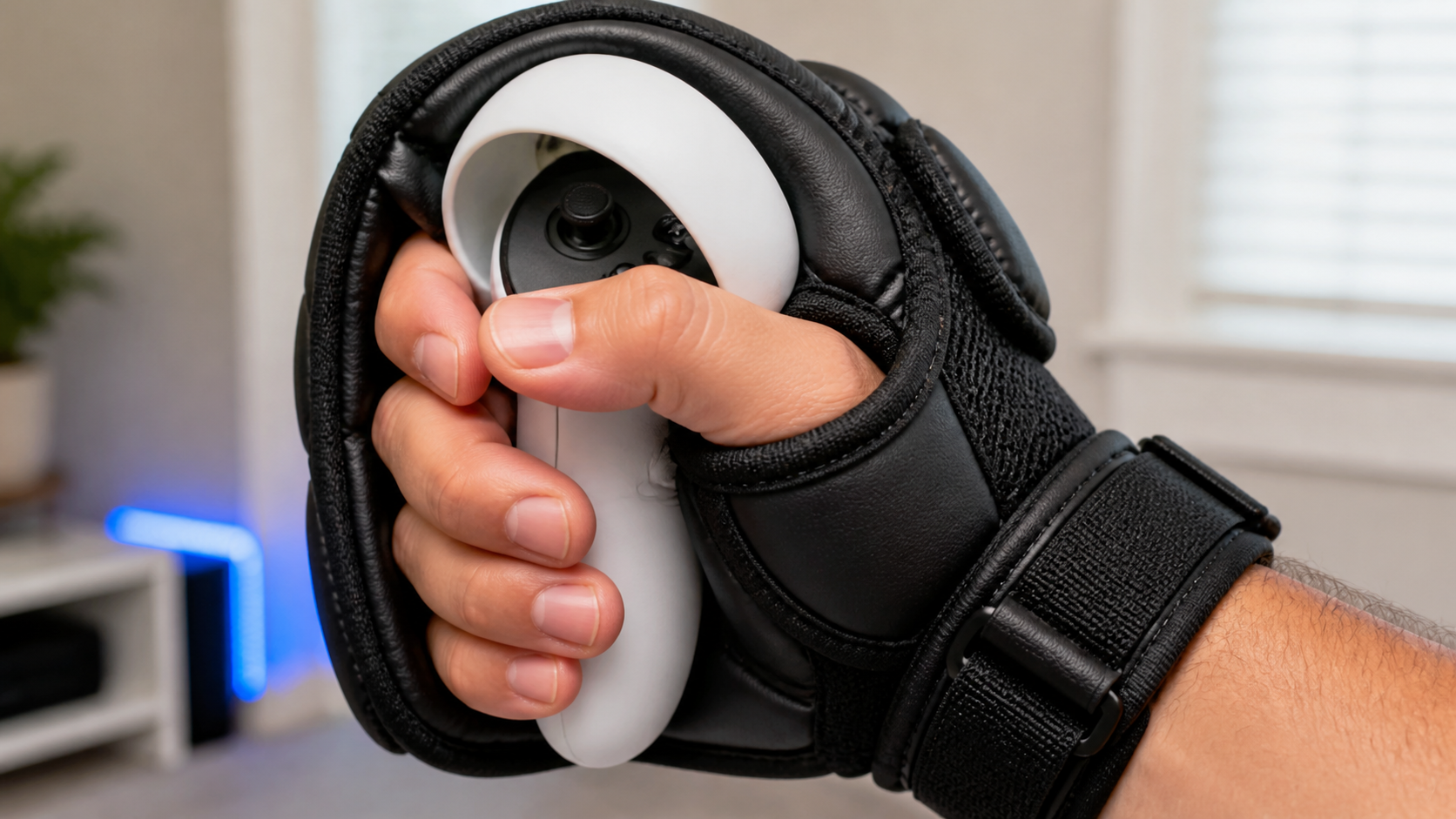 A close-up shot of a large hand comfortably fitting into a VR boxing glove accessory over a controller.