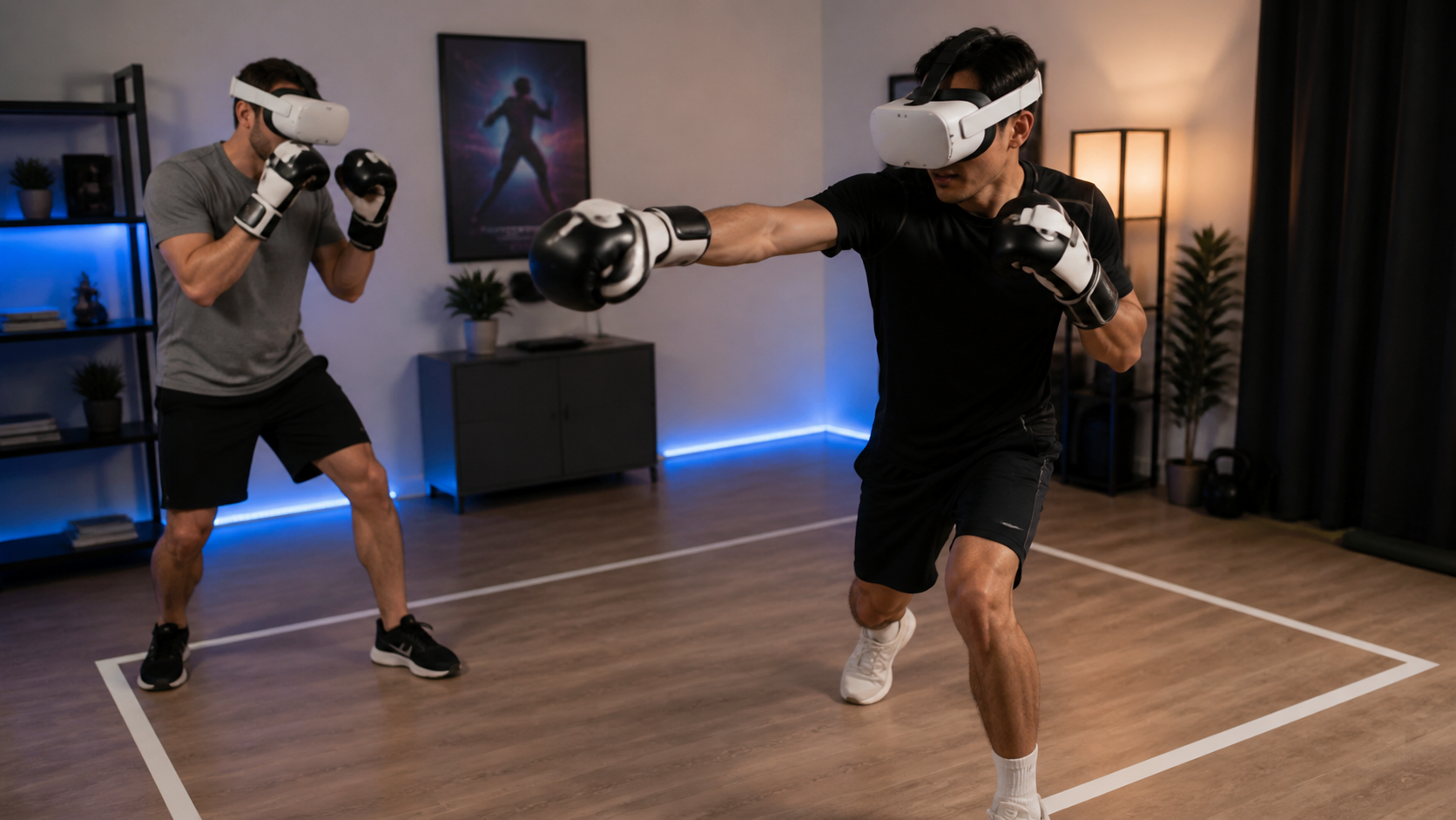 Two players in VR: a beginner moving cautiously and an expert player executing a fast, precise punch.