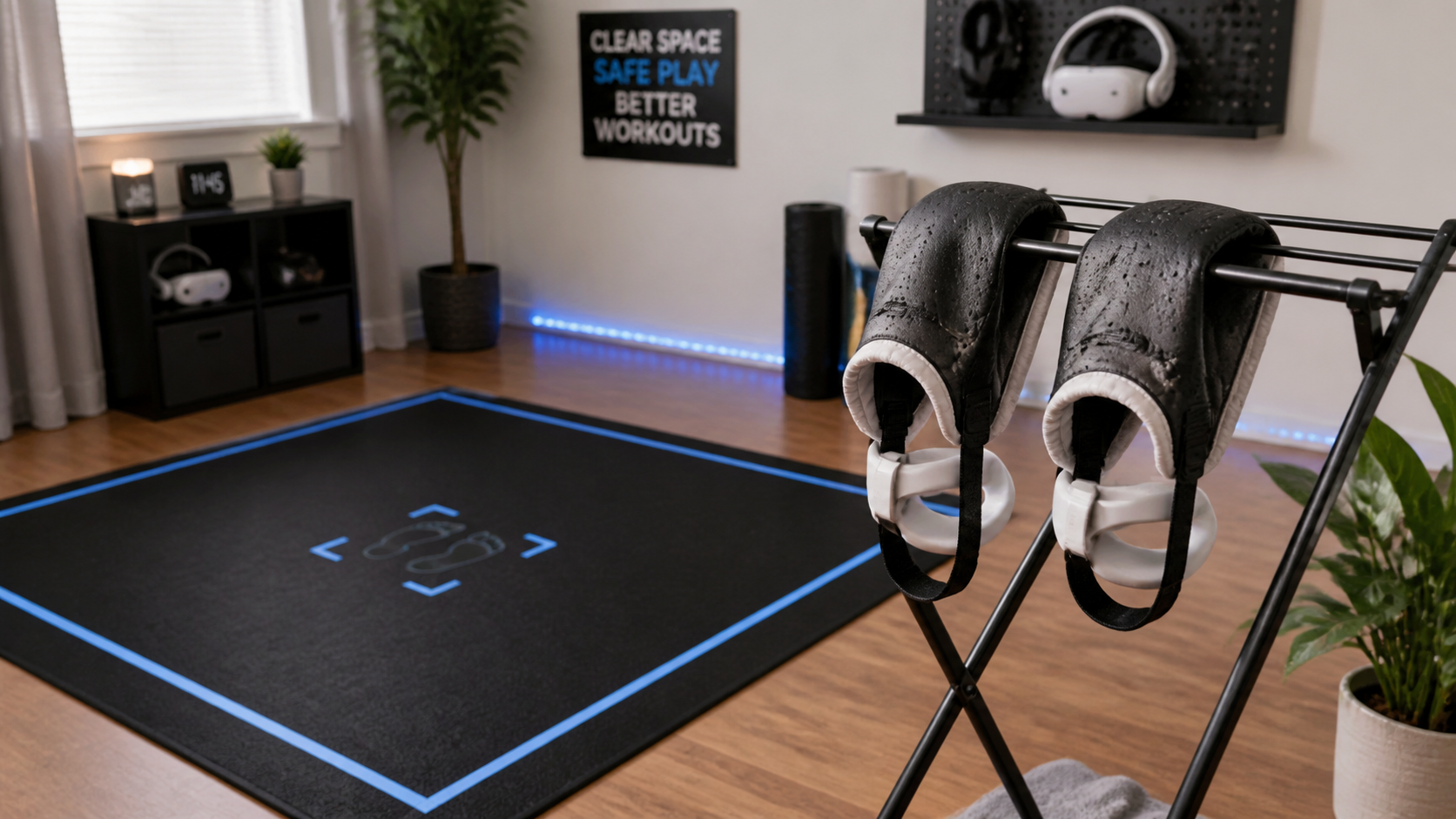 A clear and safe VR play area marked on the floor, with VR boxing gloves airing out to dry nearby.