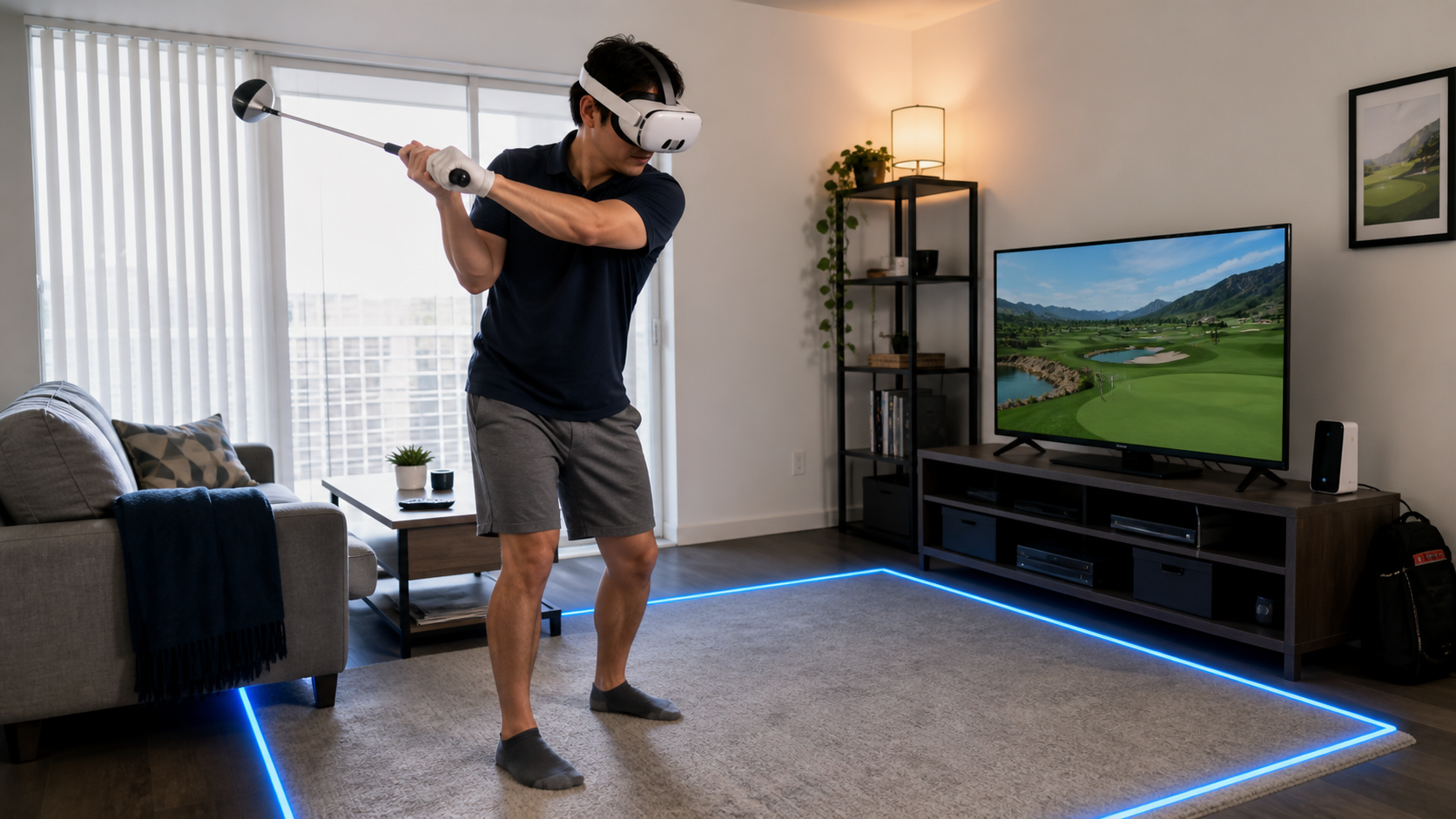 A player in a small living room using a VR golf club attachment with their headset on