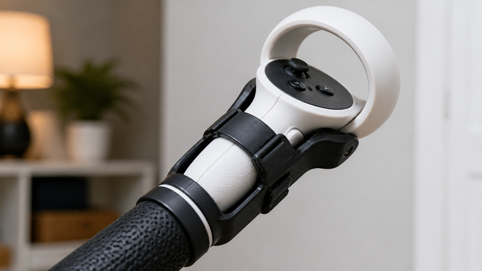 A close-up of a Meta Quest controller securely fastened into the grip of a VR golf club attachment