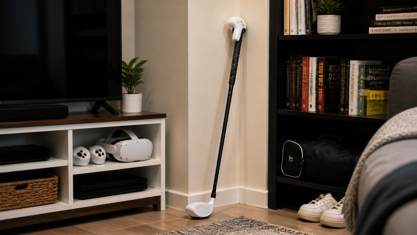 The VR golf club attachment leaning in a corner of an apartment, looking like frequently used sports gear