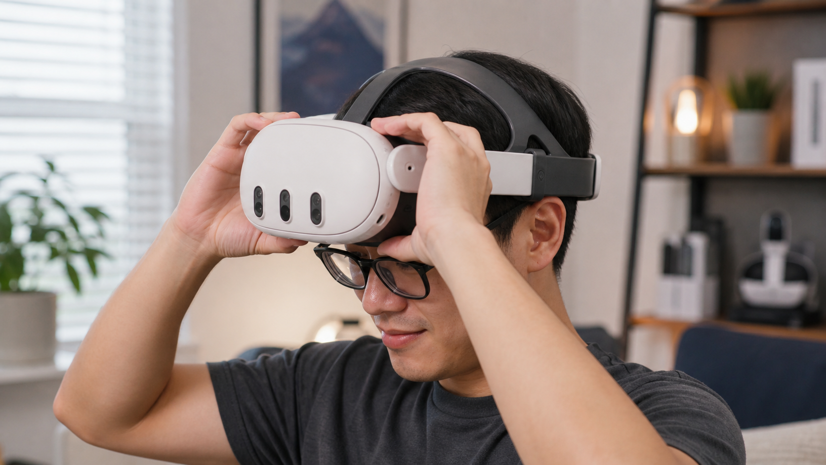 A person wearing glasses comfortably putting on a Meta Quest headset with a sleek silicone head strap.
