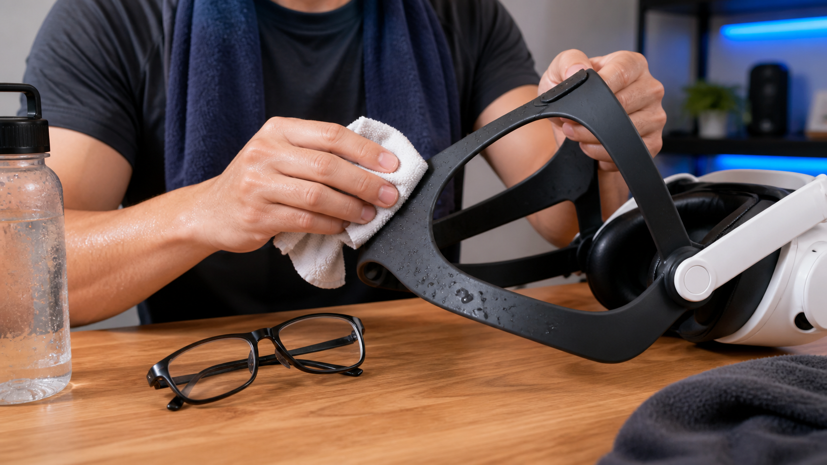 A person easily wiping sweat from a silicone head strap after a workout, with glasses resting nearby.