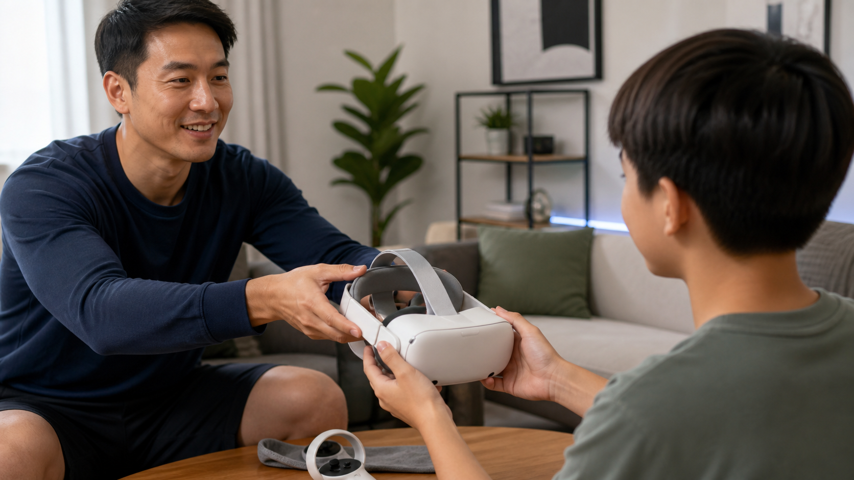 An adult passing a VR headset with an easily adjustable silicone strap to a younger person with a smaller head.