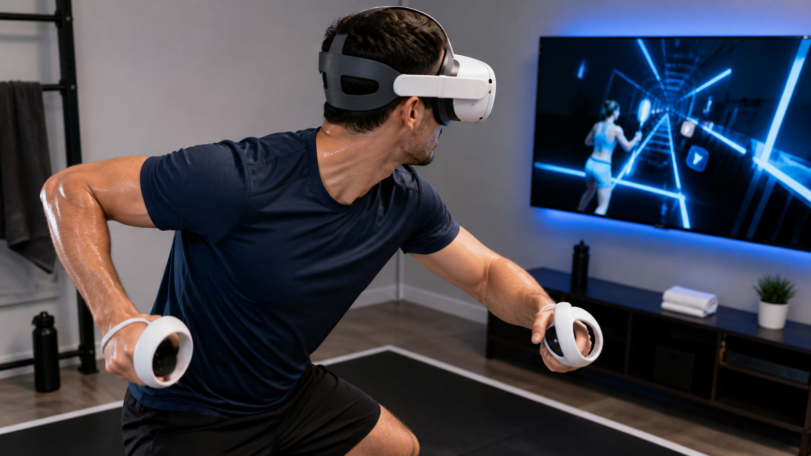 A player actively moving during a fast-paced VR fitness game, the silicone strap holding the headset securely in place.