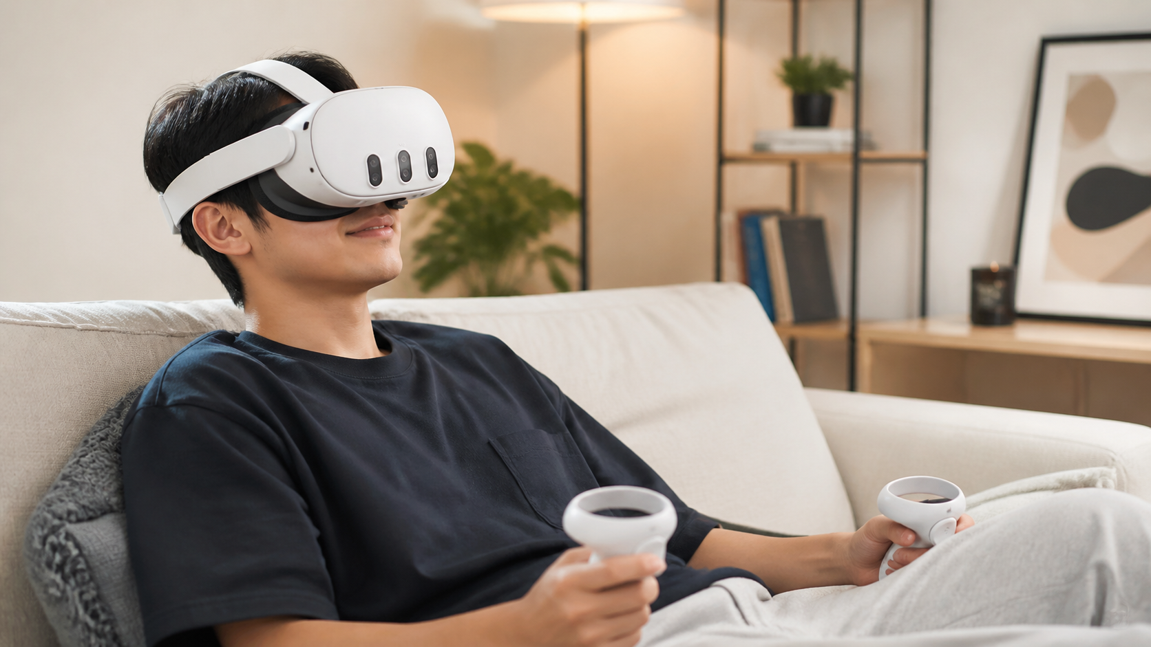 A person relaxing on a couch using a VR headset with a minimalist silicone strap, looking comfortable and unburdened.