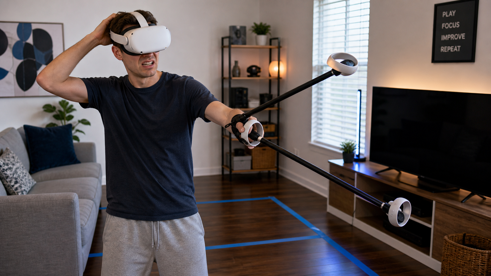 A VR player in their living room looking frustrated while using long arm controller extensions
