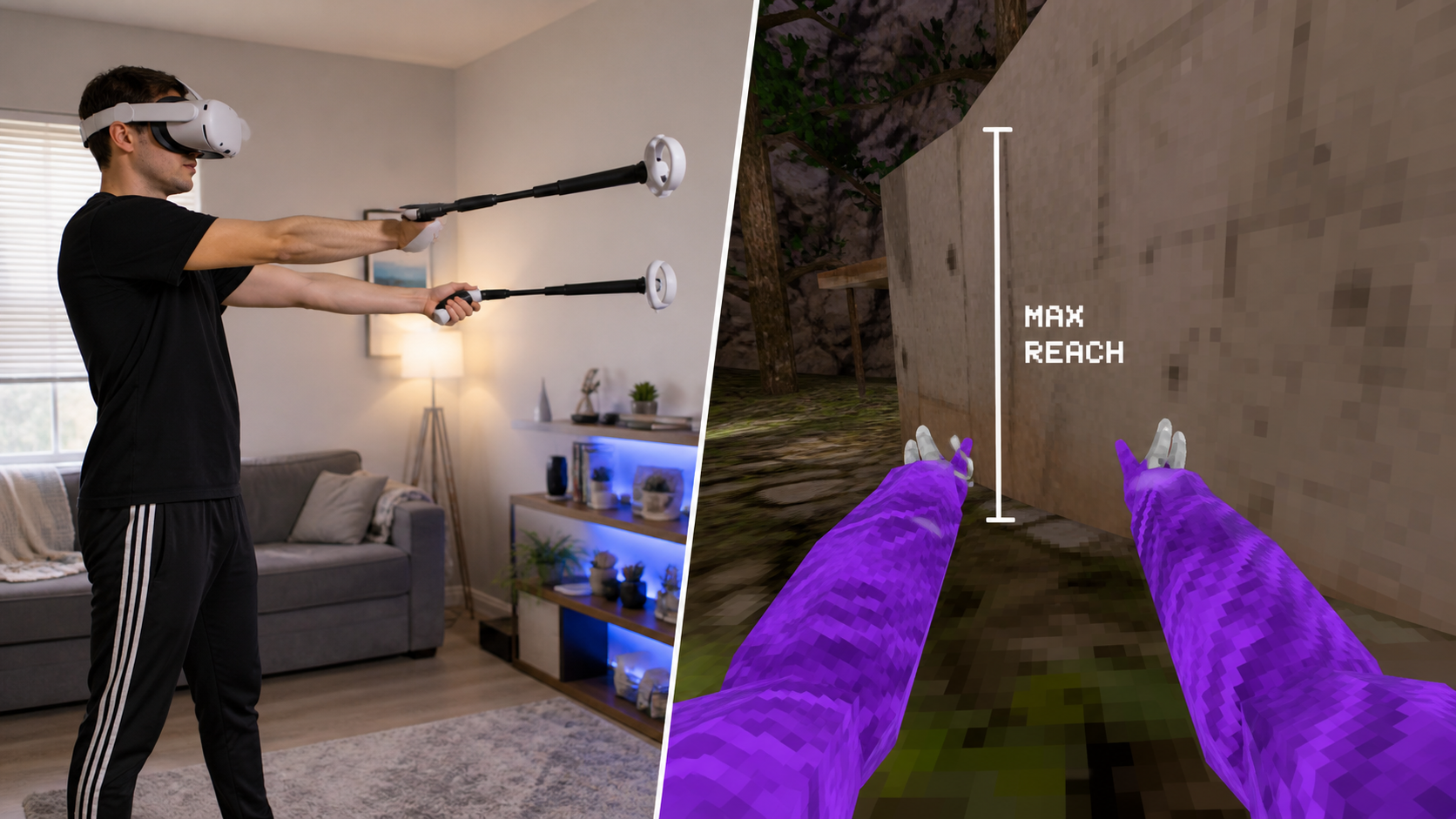 A split image showing a real person with long arms next to their shorter in-game avatar