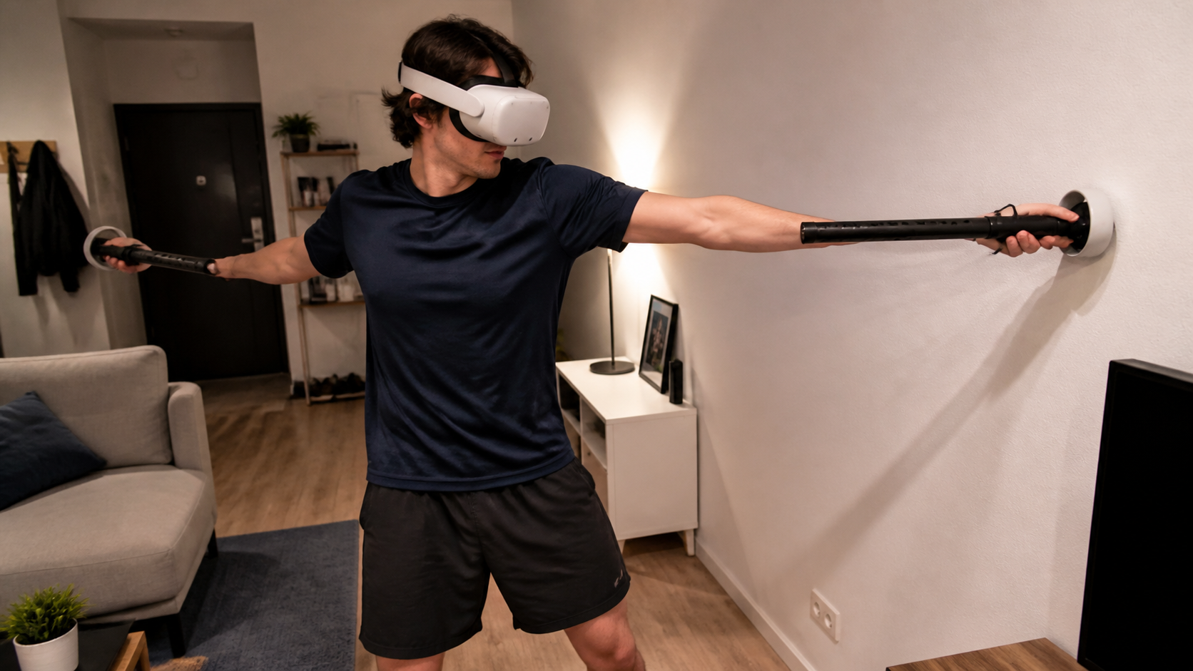 A person in a small apartment with arms extended using long arm accessories nearly hitting a wall