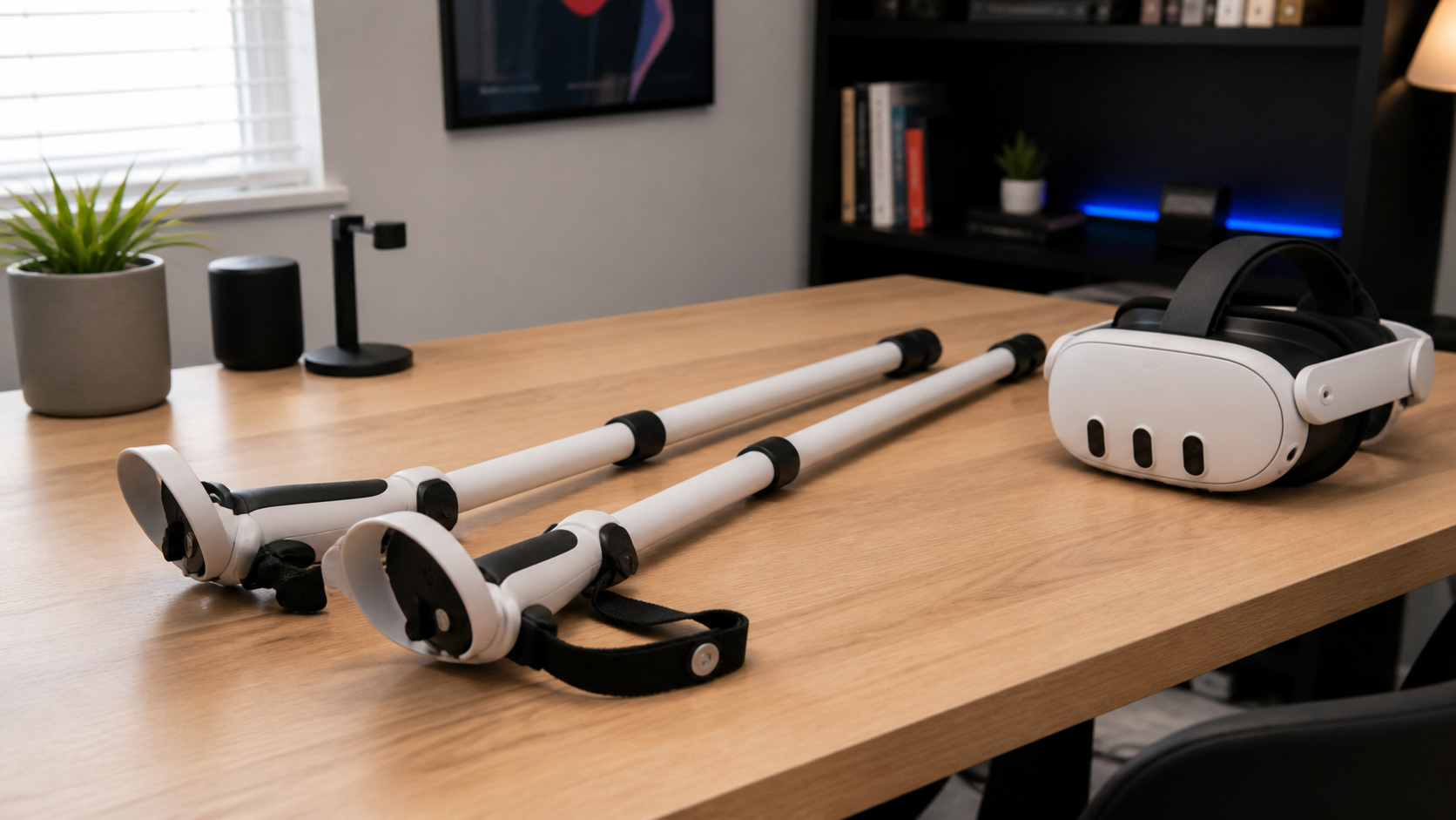 The long arm accessories sitting unused on a desk next to a VR headset, suggesting a negative verdict