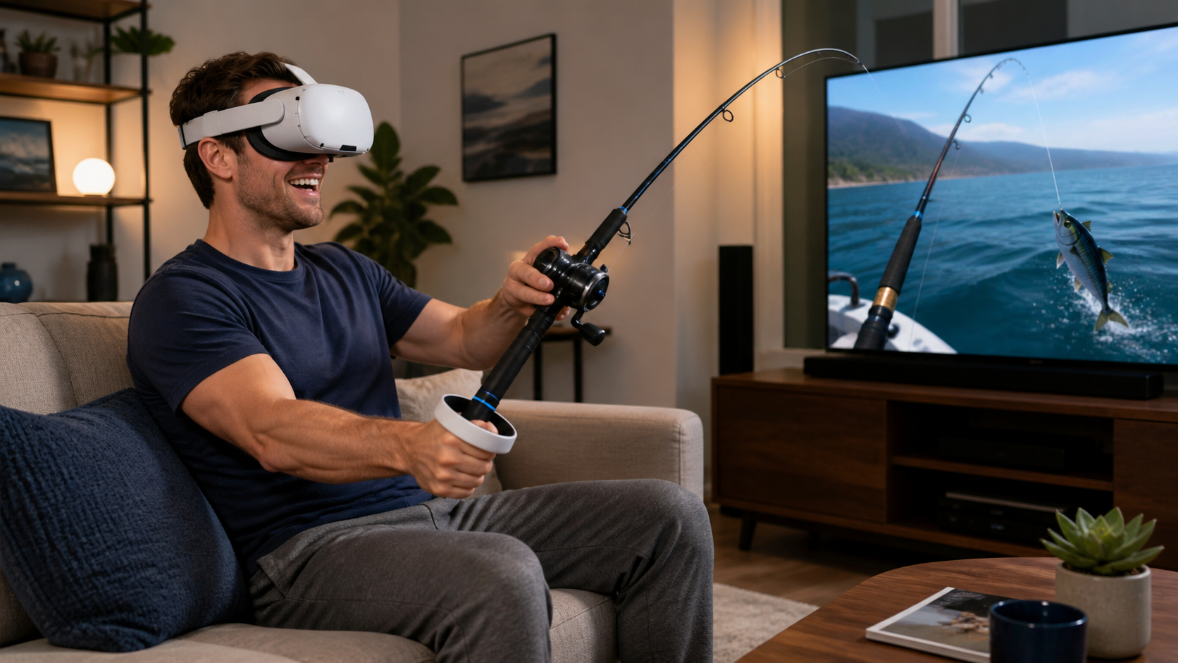 A person sitting on a couch happily playing a VR fishing game with a dedicated fishing rod accessory