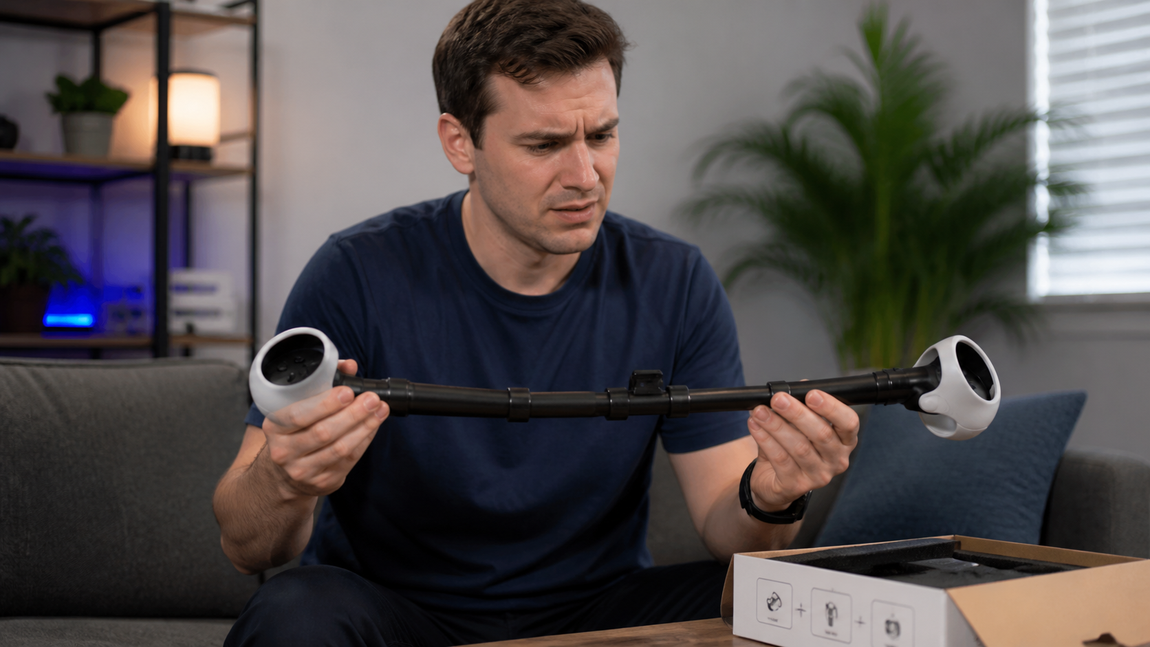 A seated gamer looking at a VR fishing rod accessory with a slightly confused expression before setting it up