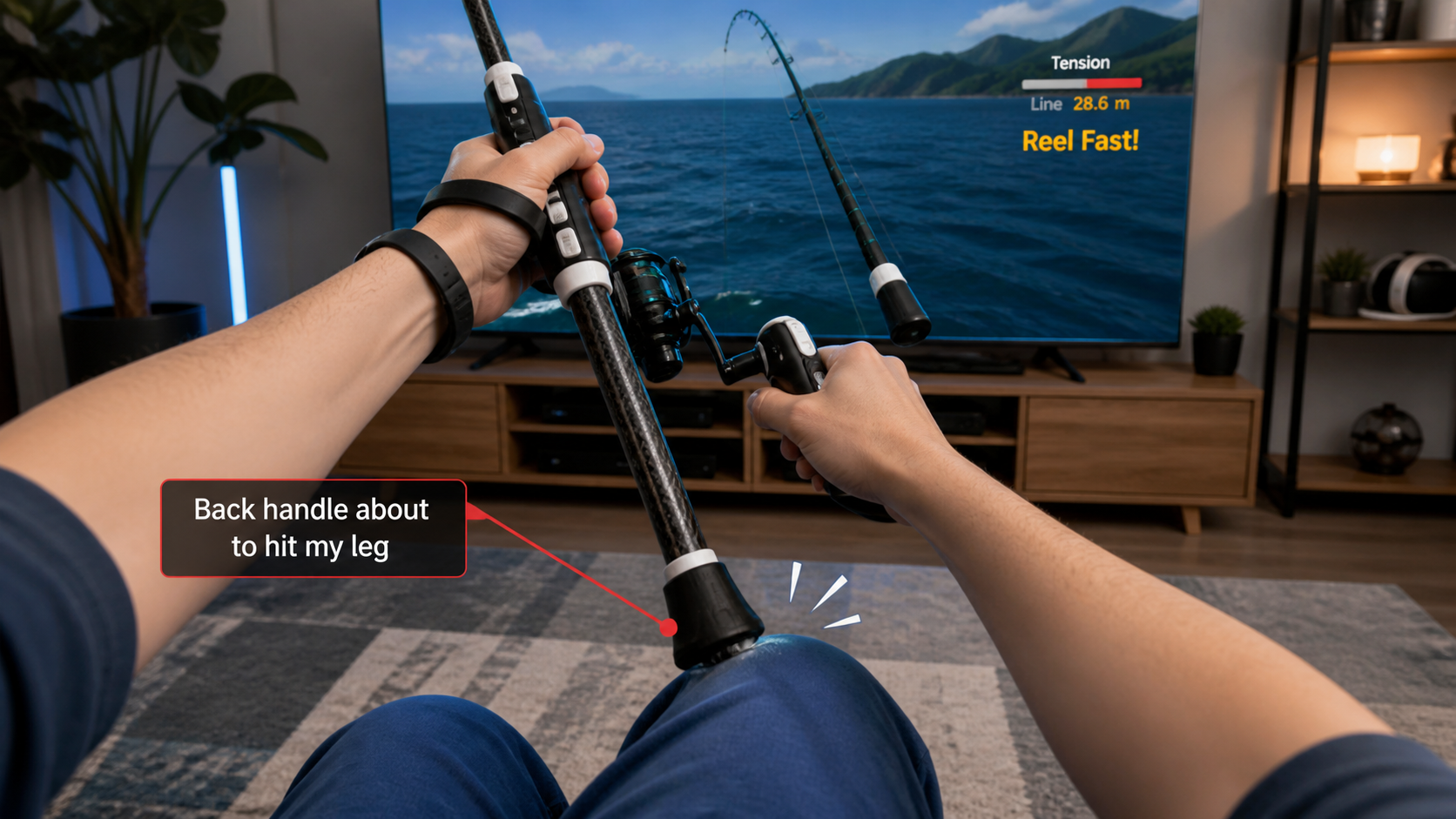 First-person view of a VR fishing rod accessory where the back handle is about to hit the player's leg during reeling