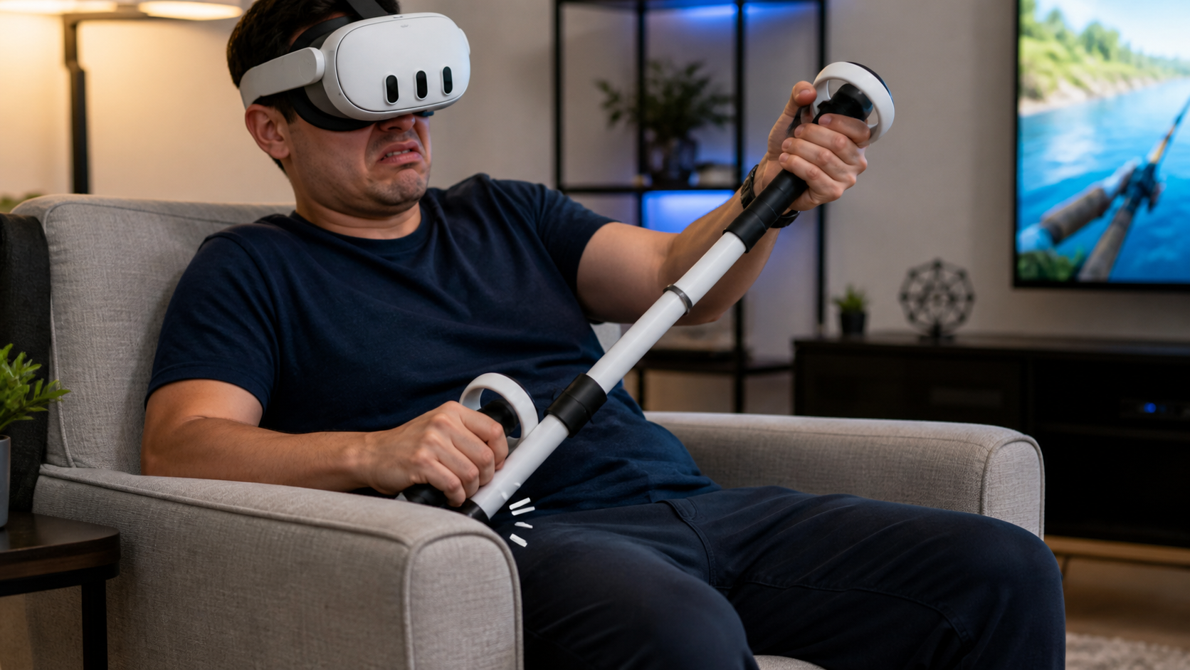 A gamer in a chair looks frustrated as their VR fishing rod accessory is stuck against the armrest, ruining the game