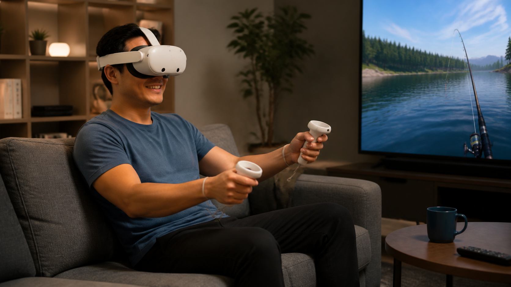 A person sitting comfortably on their sofa playing a VR fishing game with only their bare controllers, looking relaxed