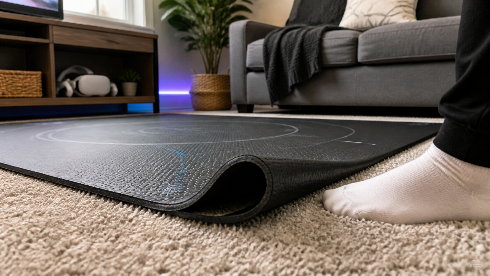 A VR mat with a curled edge sits on a plush carpet, creating a visible tripping hazard in a living room.