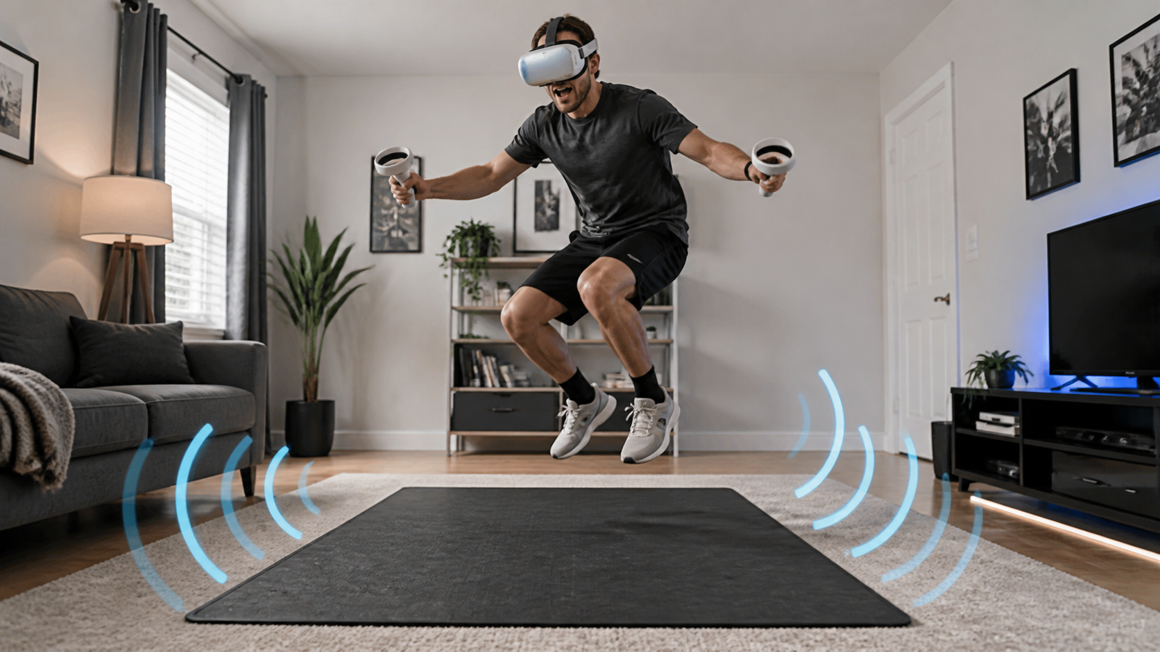 A person wearing a VR headset jumps around in their living room, with sound waves indicating reduced floor noise.