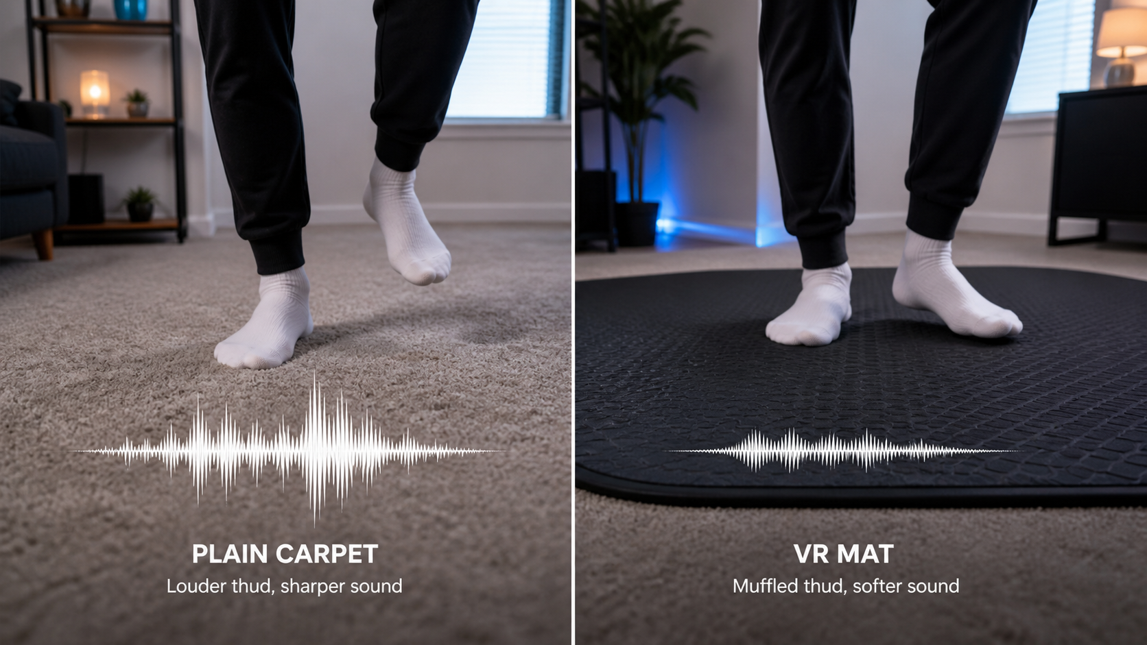 A split-view image showing a VR player's feet on a plain carpet versus on a textured VR mat.