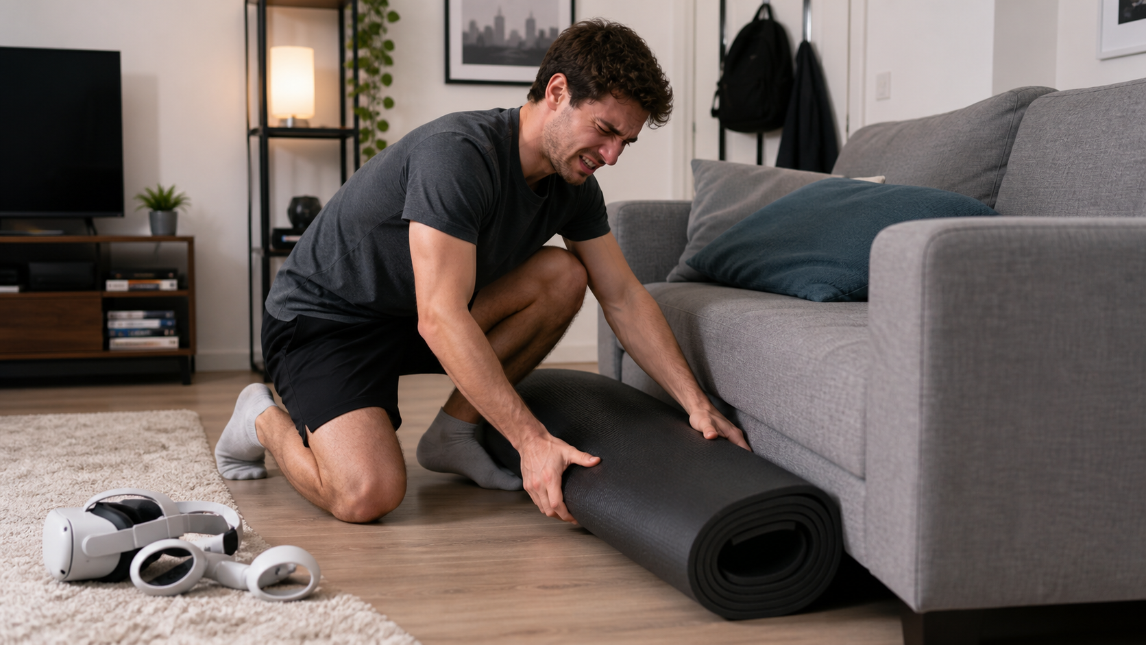 A person struggles to roll up a bulky VR mat to store it behind a couch in a small apartment.