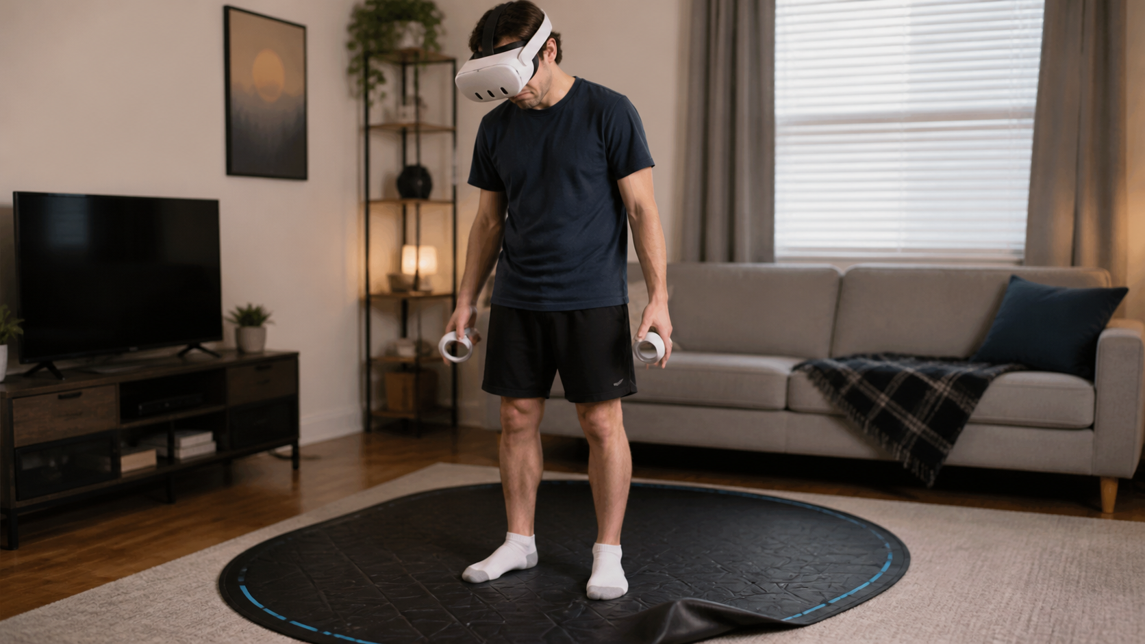 A new VR user wearing a headset looks down at their feet on a VR mat with a skeptical expression.