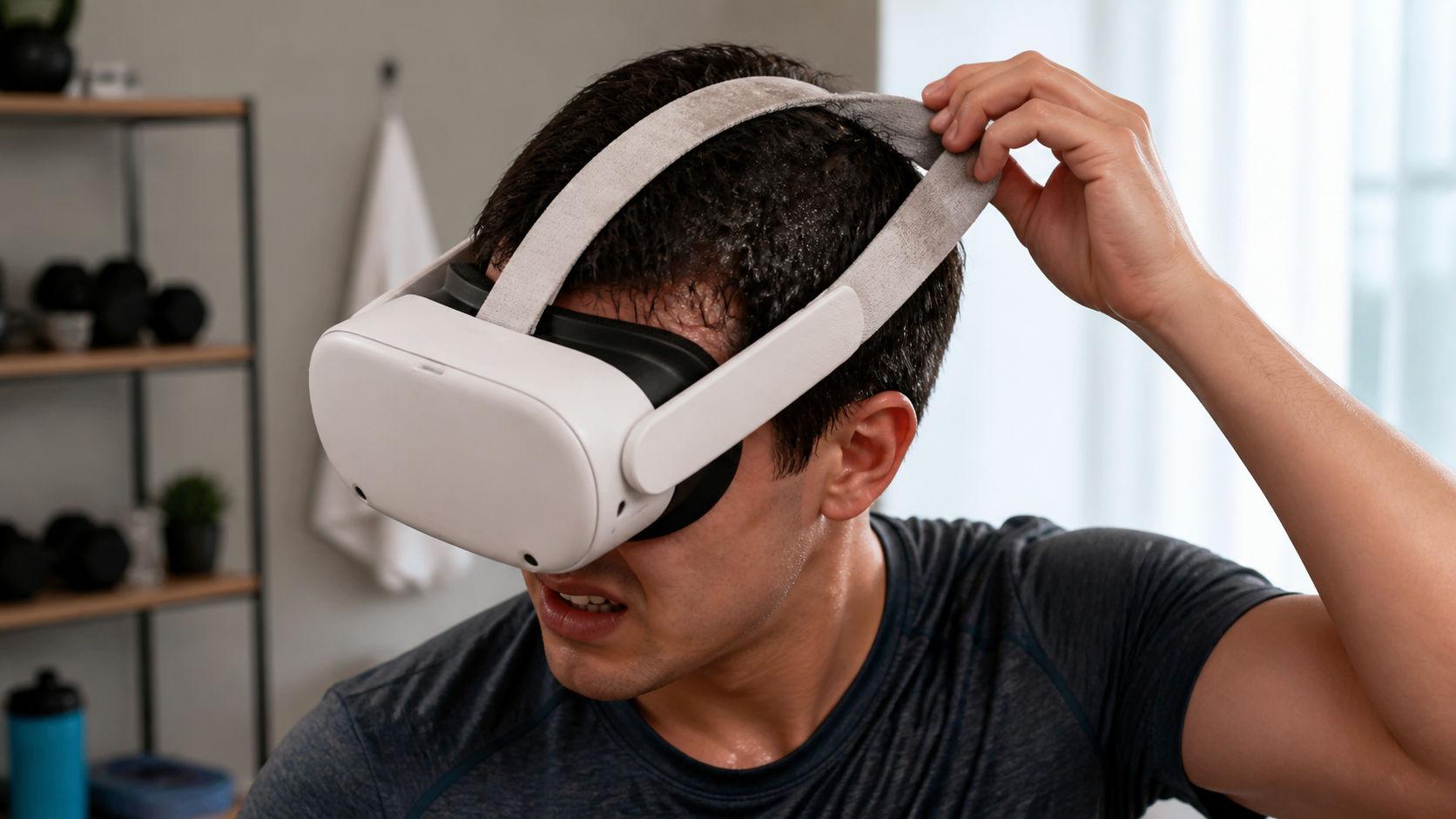 A person looking uncomfortable while adjusting a sweaty cloth head strap on their VR headset during a workout.