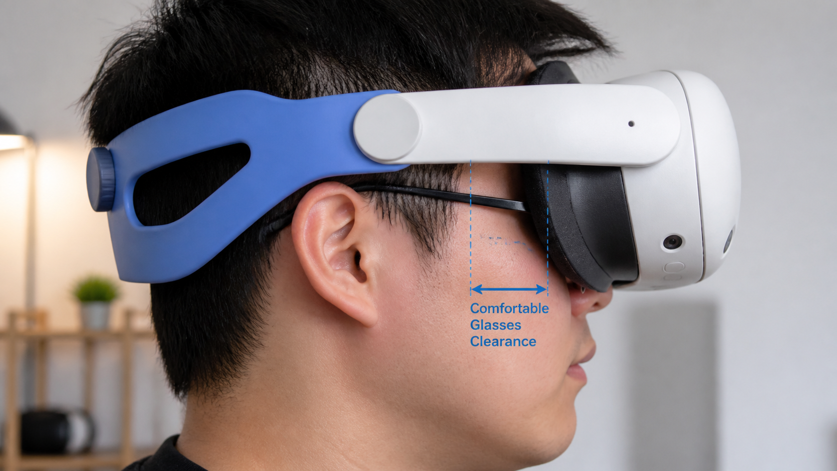 Side view showing the comfortable gap between a user's glasses and the Meta Quest lens with a silicone strap.