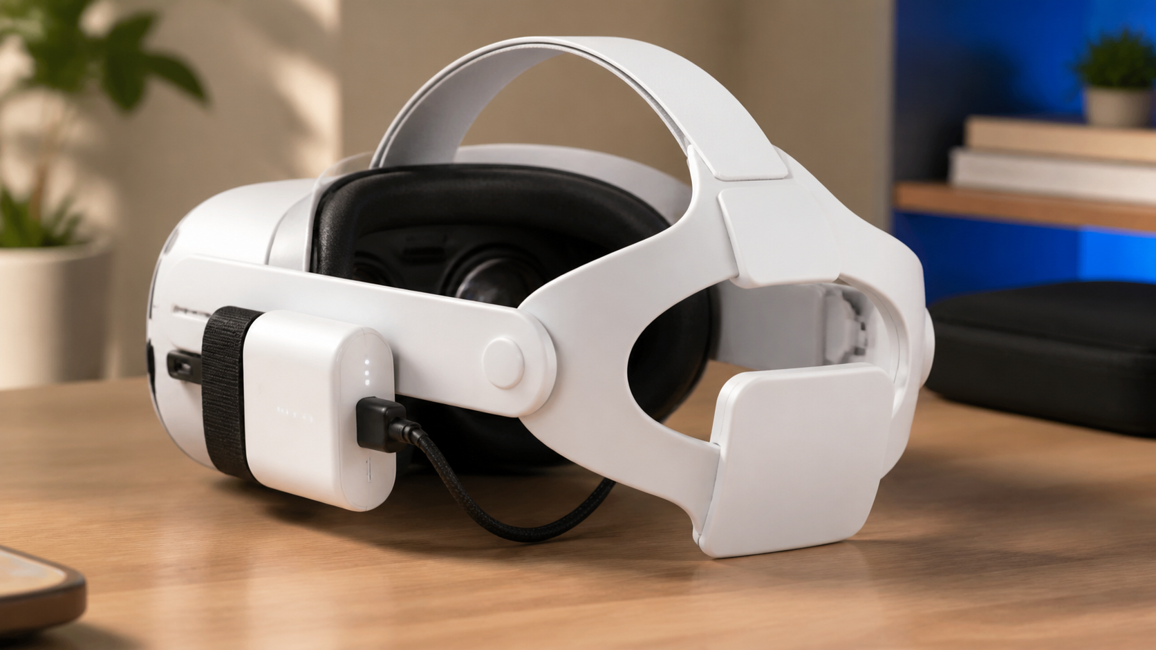 A Meta Quest headset on a desk showing how a silicone head strap fits perfectly with a third-party battery pack.