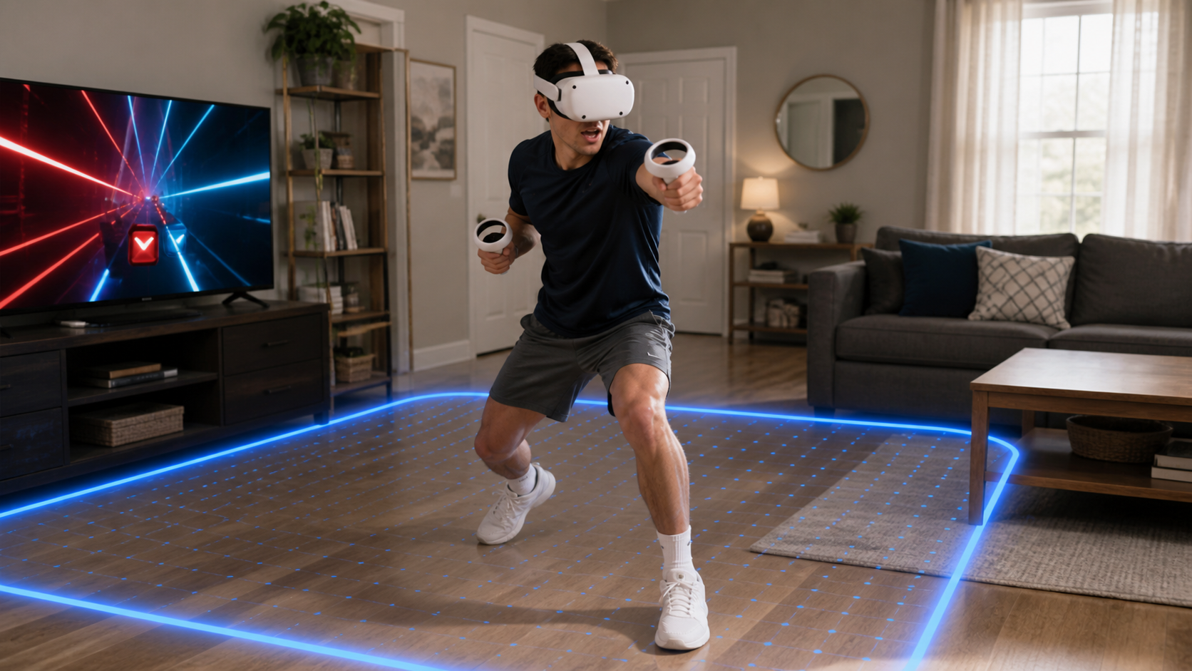 Someone playing an intense VR fitness game in a living room with the blue guardian boundary clearly visible.
