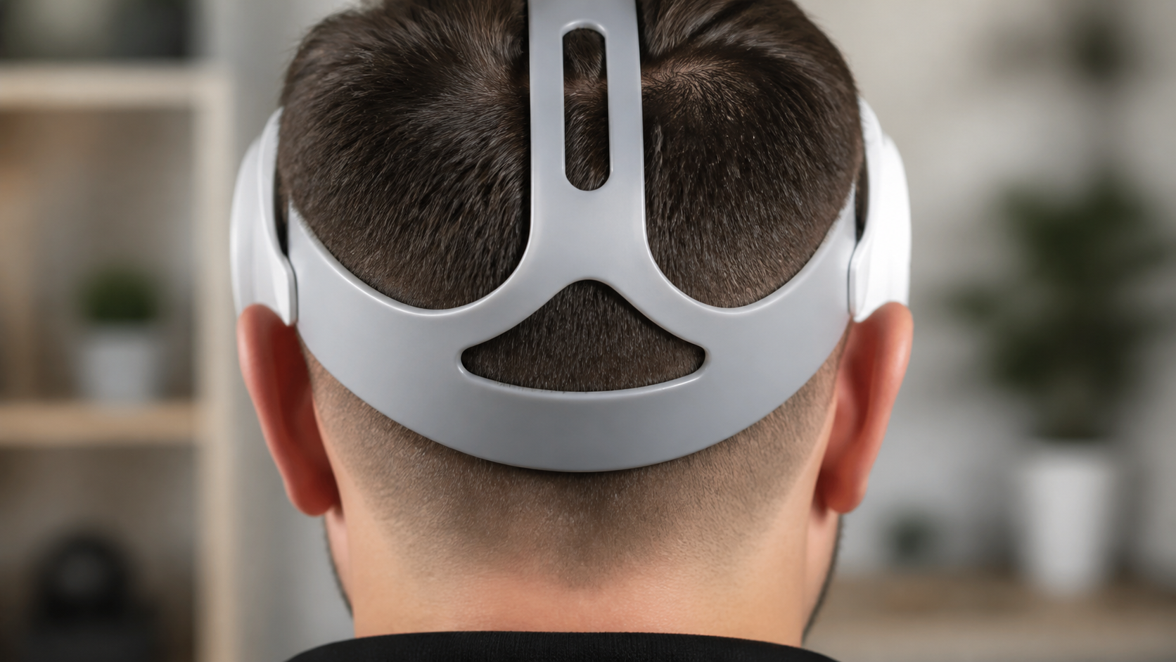 Close-up view on the back of a person's head showing how the silicone strap cups the skull to distribute pressure.