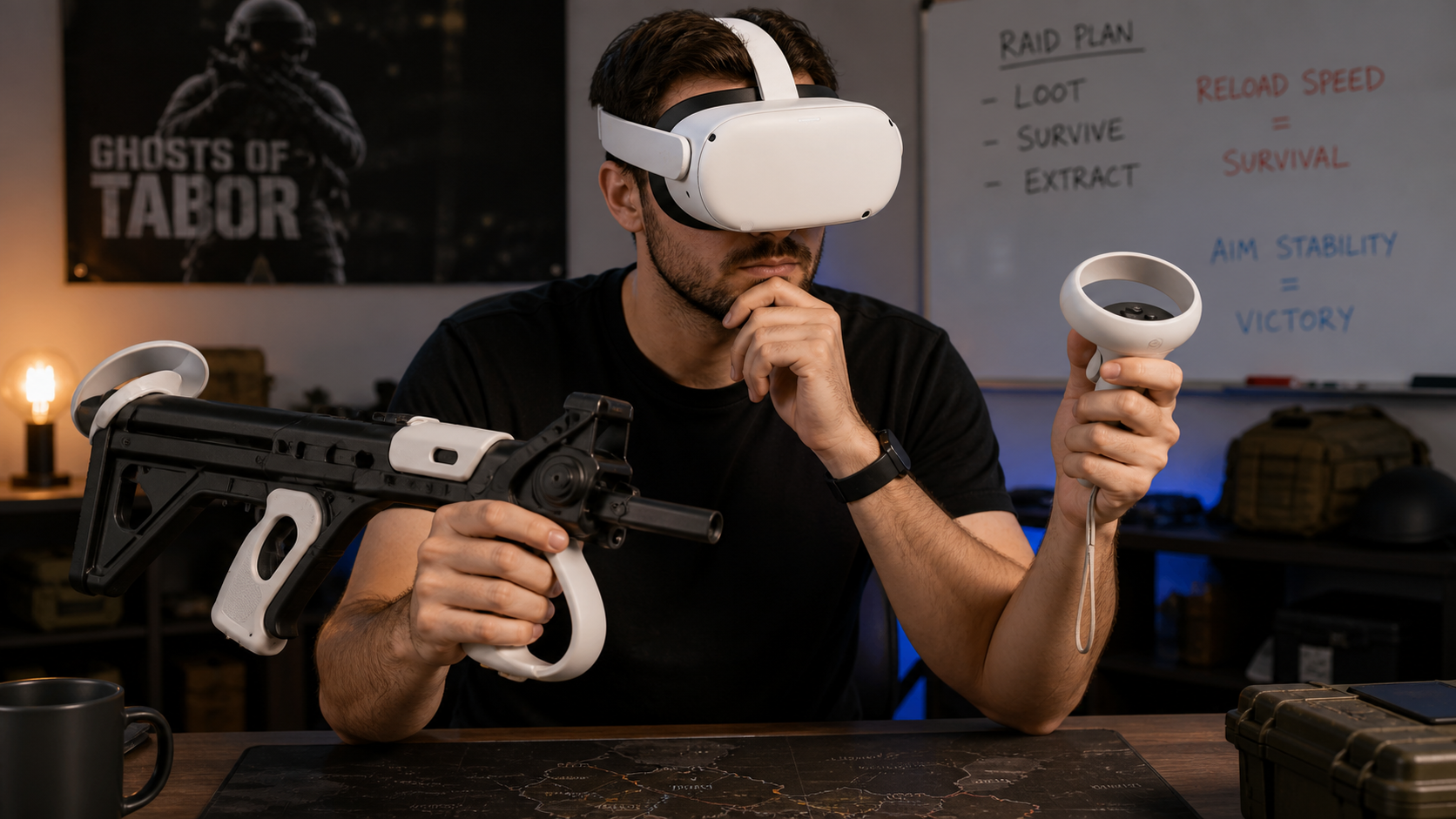 A focused VR gamer in a tense moment, deciding between using a gunstock or bare controllers.