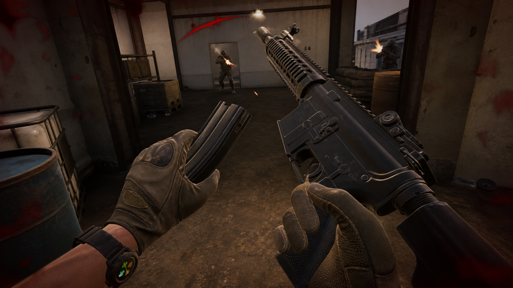 First-person view in a VR game showing hands frantically trying to reload a rifle during a firefight.