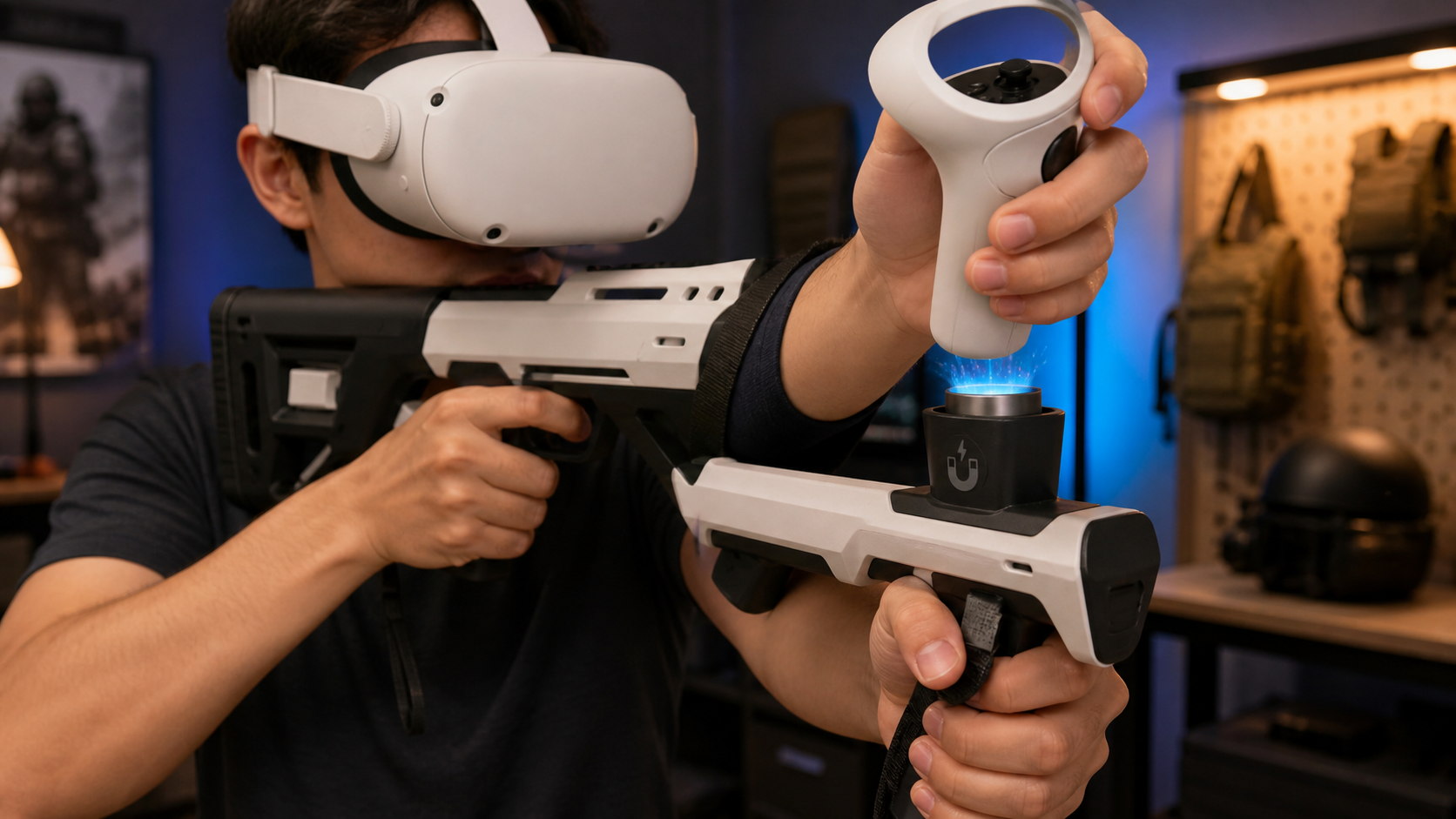 A player using a VR gunstock, showing the magnetic cup where the off-hand controller detaches for reloading.