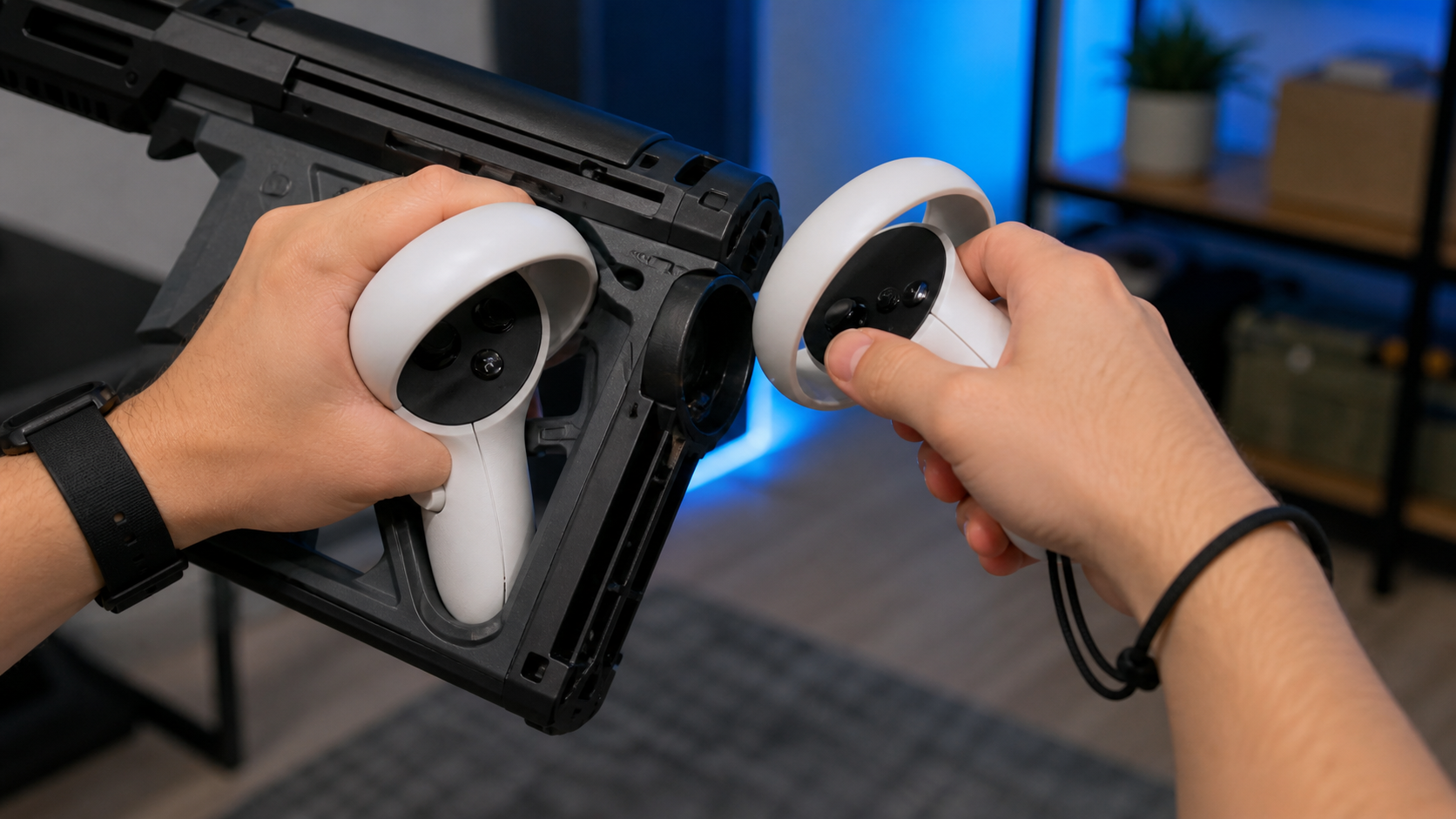 A close-up on a left-handed player's hands with a VR gunstock, showing controllers dangerously close during reload.