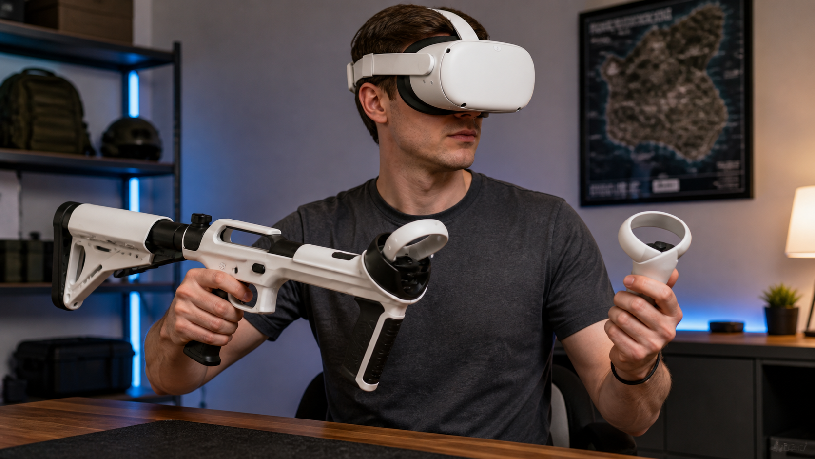 A left-handed gamer holding a VR gunstock in one hand and a bare controller in the other.