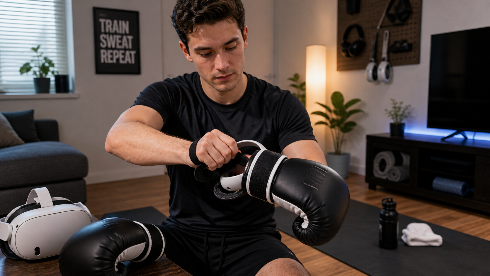 A person in a small living room putting on VR boxing gloves over their Meta Quest controllers.