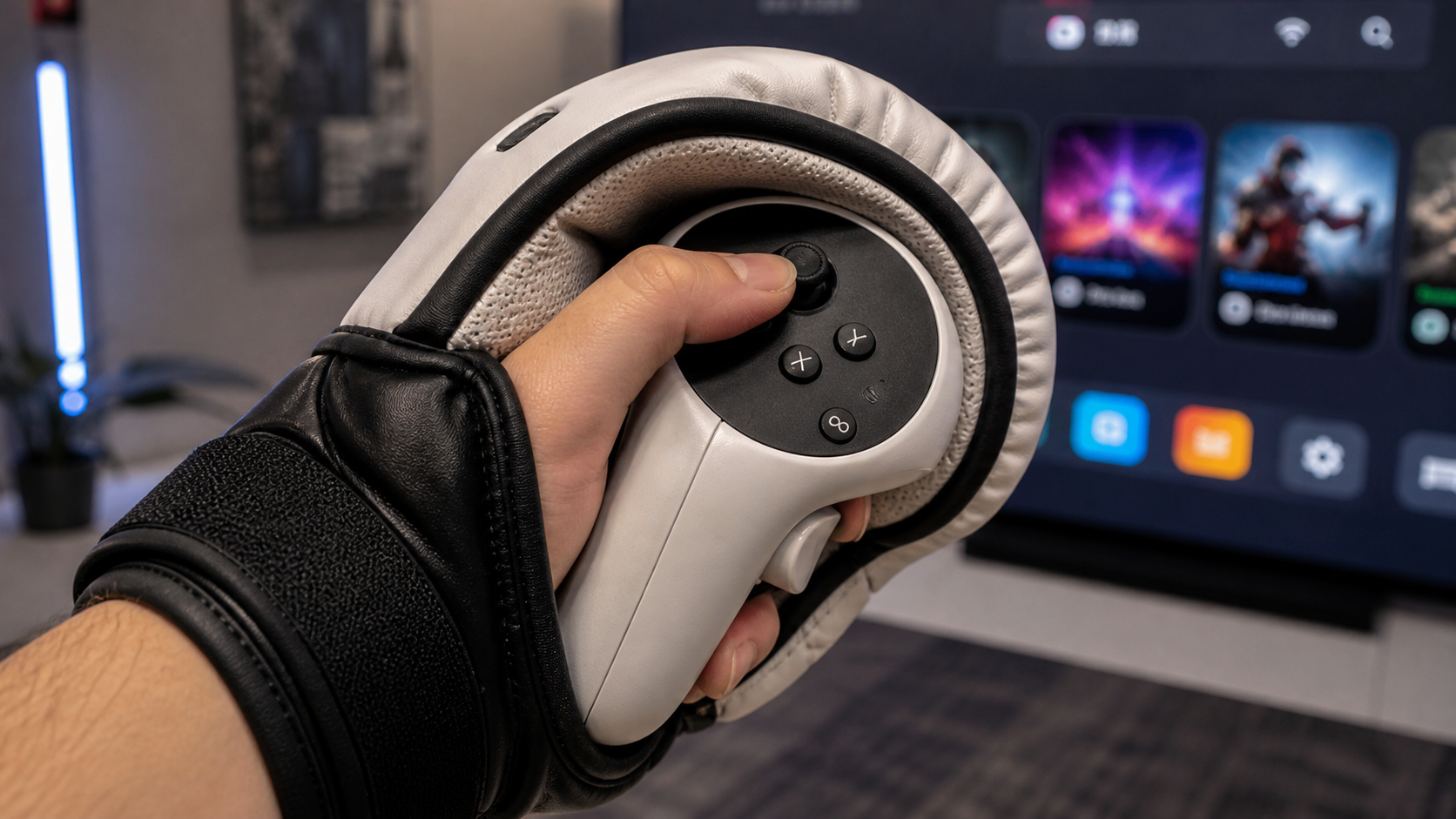 Close-up of a hand inside a VR boxing glove struggling to reach the controller's thumbstick and buttons.