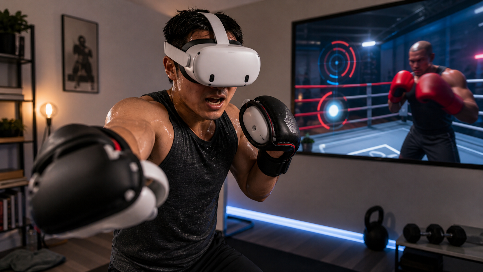 A HIIT user sweating while throwing a punch in a VR boxing game, wearing immersive gloves.