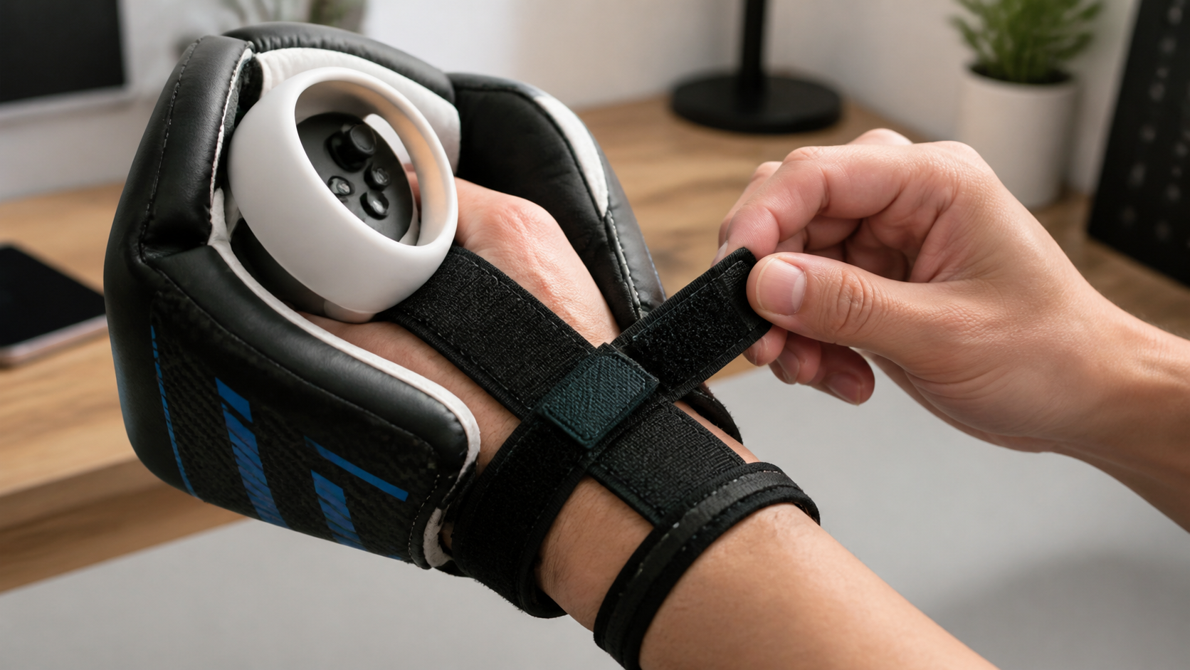 A user carefully adjusting the velcro straps on a VR boxing glove for a better controller fit.