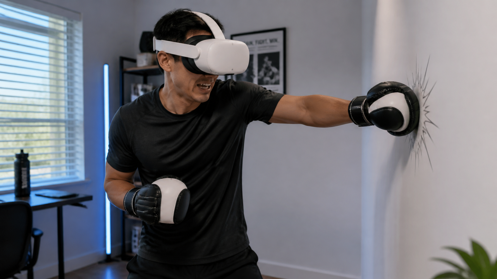 A user in a small room looking annoyed after accidentally hitting a wall with their padded VR glove.