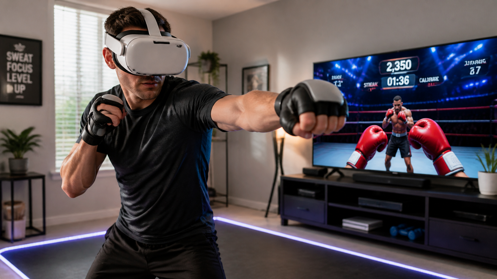 A daily exerciser confidently throwing a punch in a VR boxing game while wearing specialized Quest Pro controller gloves.