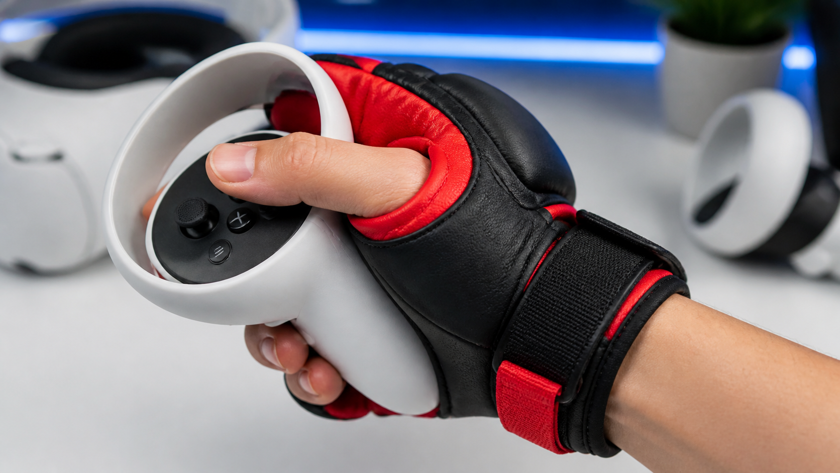 A close-up view showing how the VR boxing glove helps a smaller hand securely grip a Quest Pro controller.