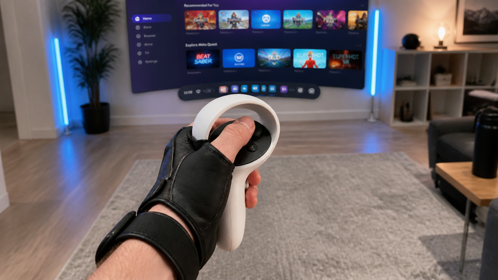 A first-person perspective of a hand in a VR glove easily accessing the menu button on a controller.