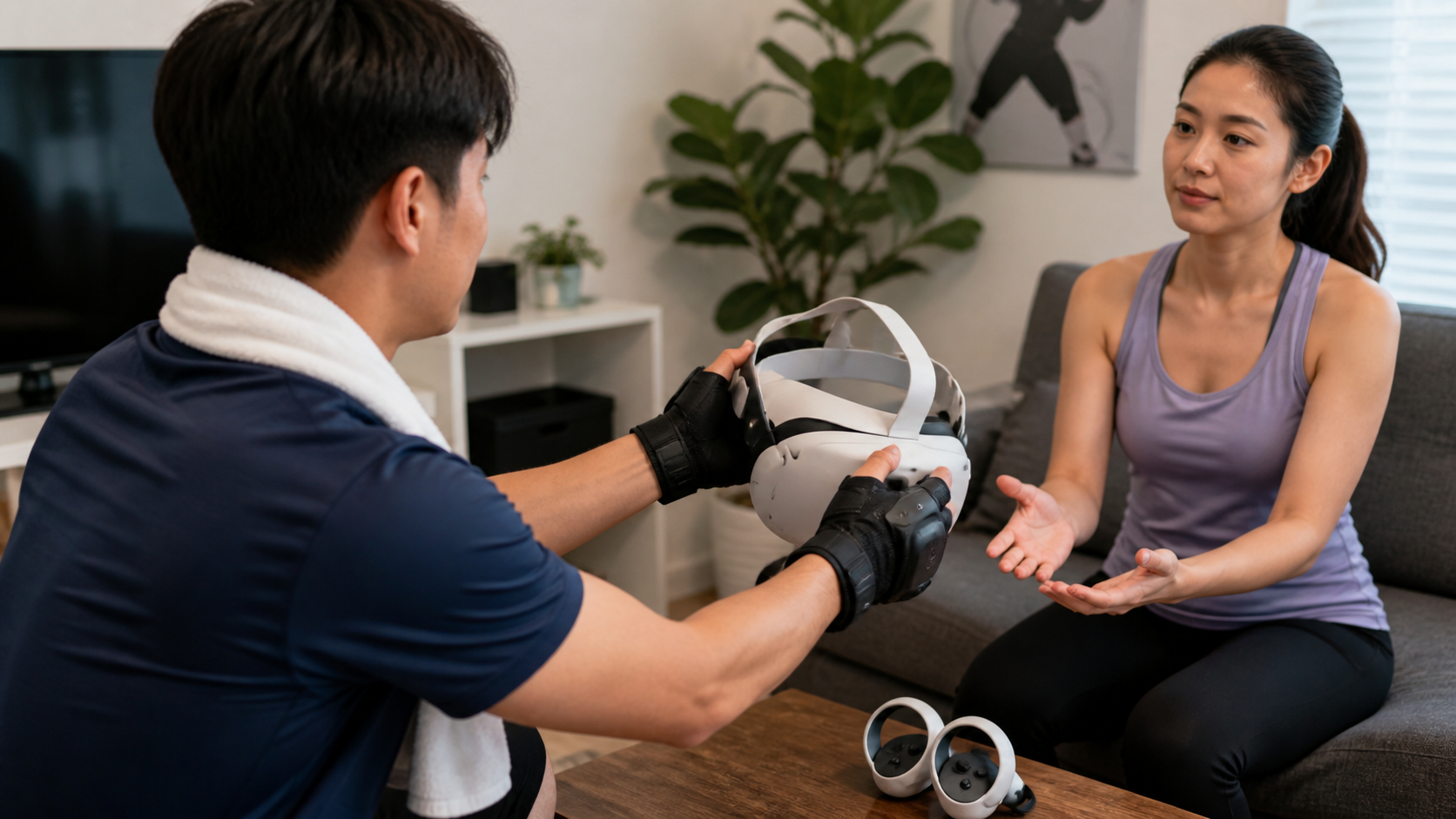 A person wearing VR boxing gloves trying to hand off the headset to a friend, illustrating a slow user swap.