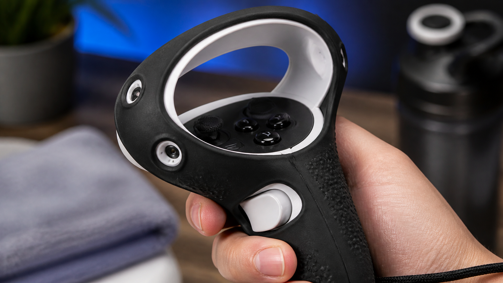 A close-up of a VR controller grip showing clear cutouts for the tracking ring sensors and buttons