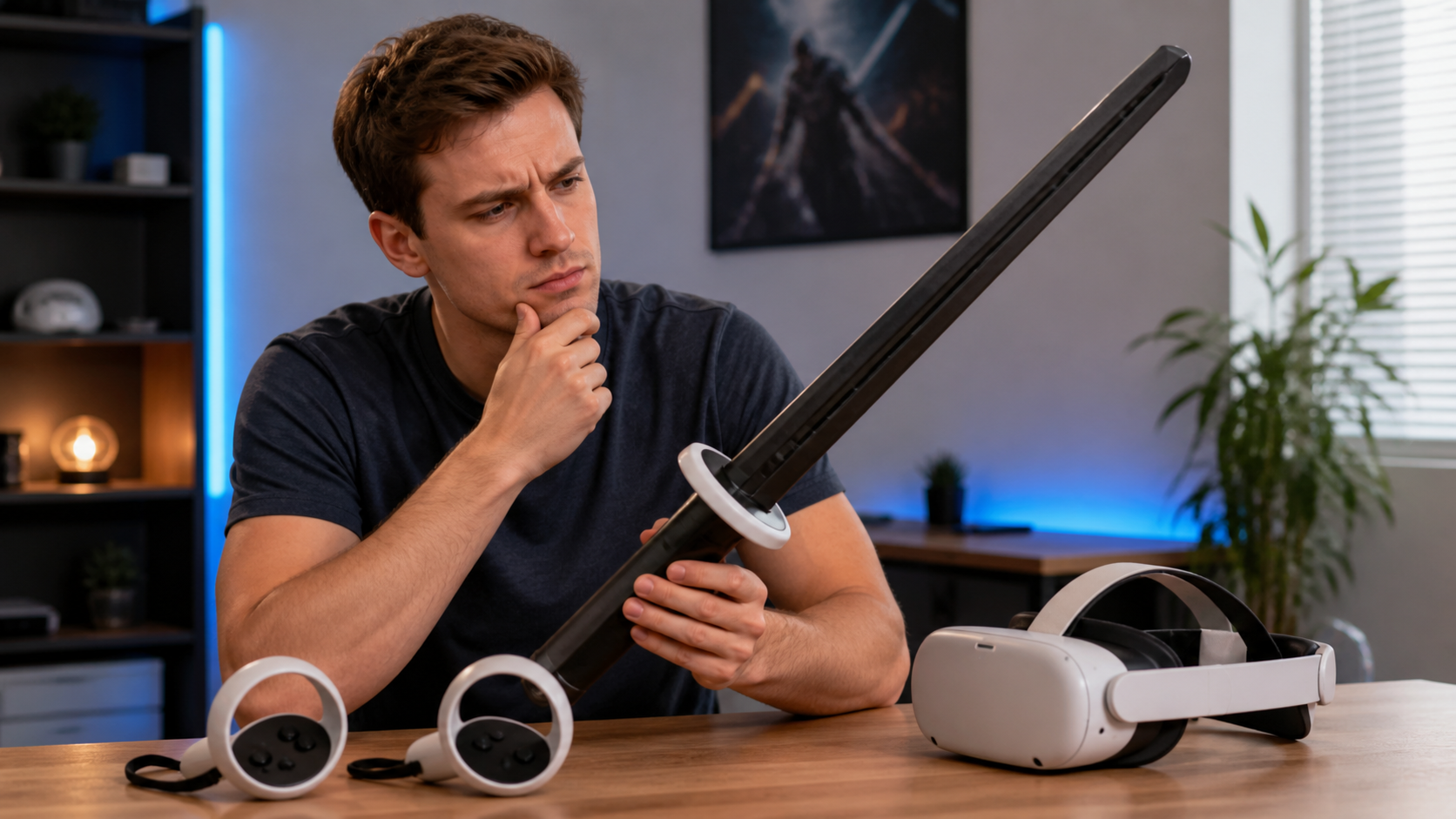 A VR gamer looks at a bulky sword accessory next to their Quest Pro controllers with a thoughtful expression.